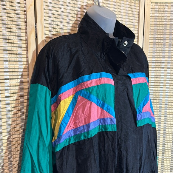 Ashley Hill Vintage 1990s Y2K Black Green Colorblock Zip Front Windbreaker Large - Picture 6 of 16